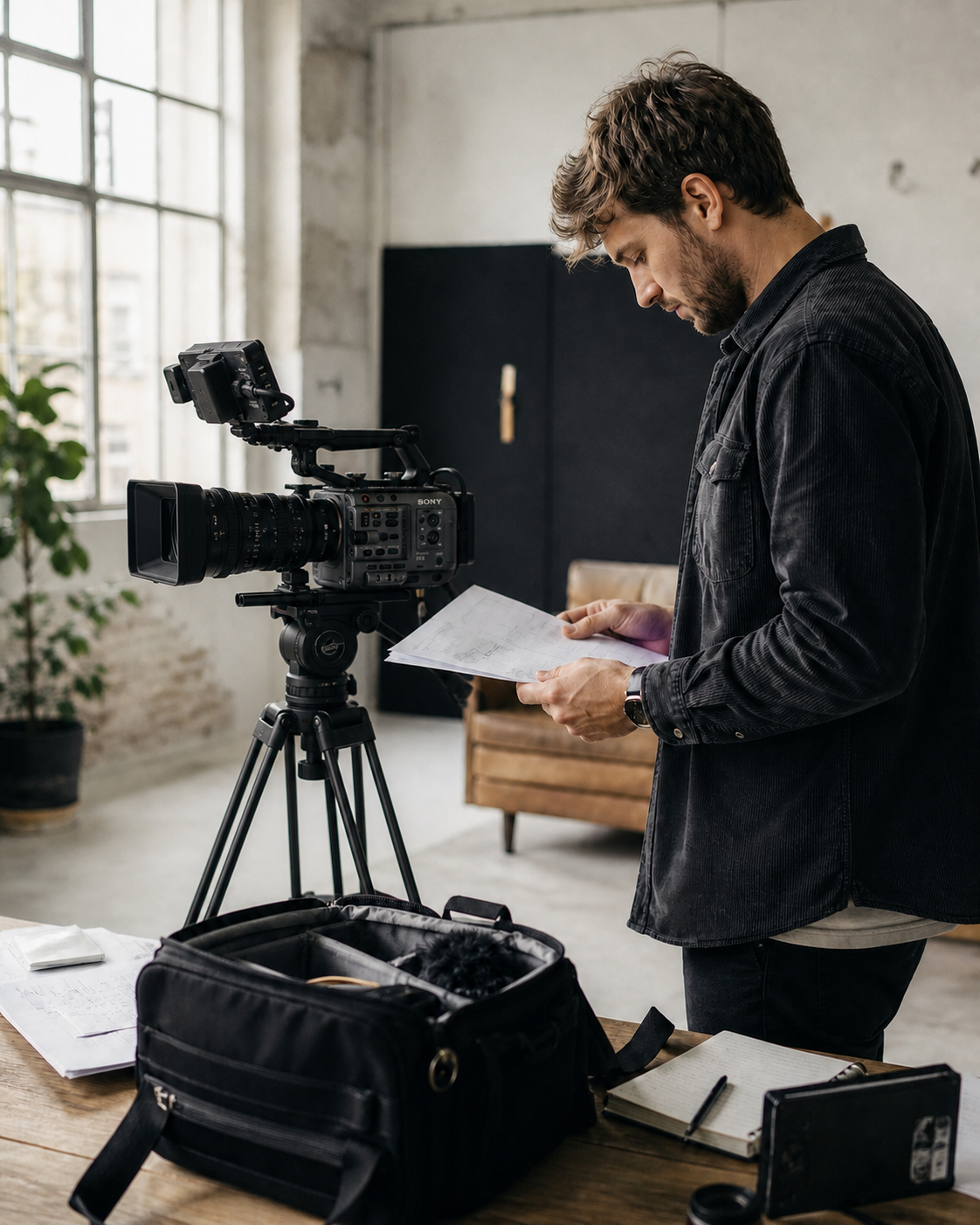 Videographer planning a commercial shoot beside a Sony FX6 camera