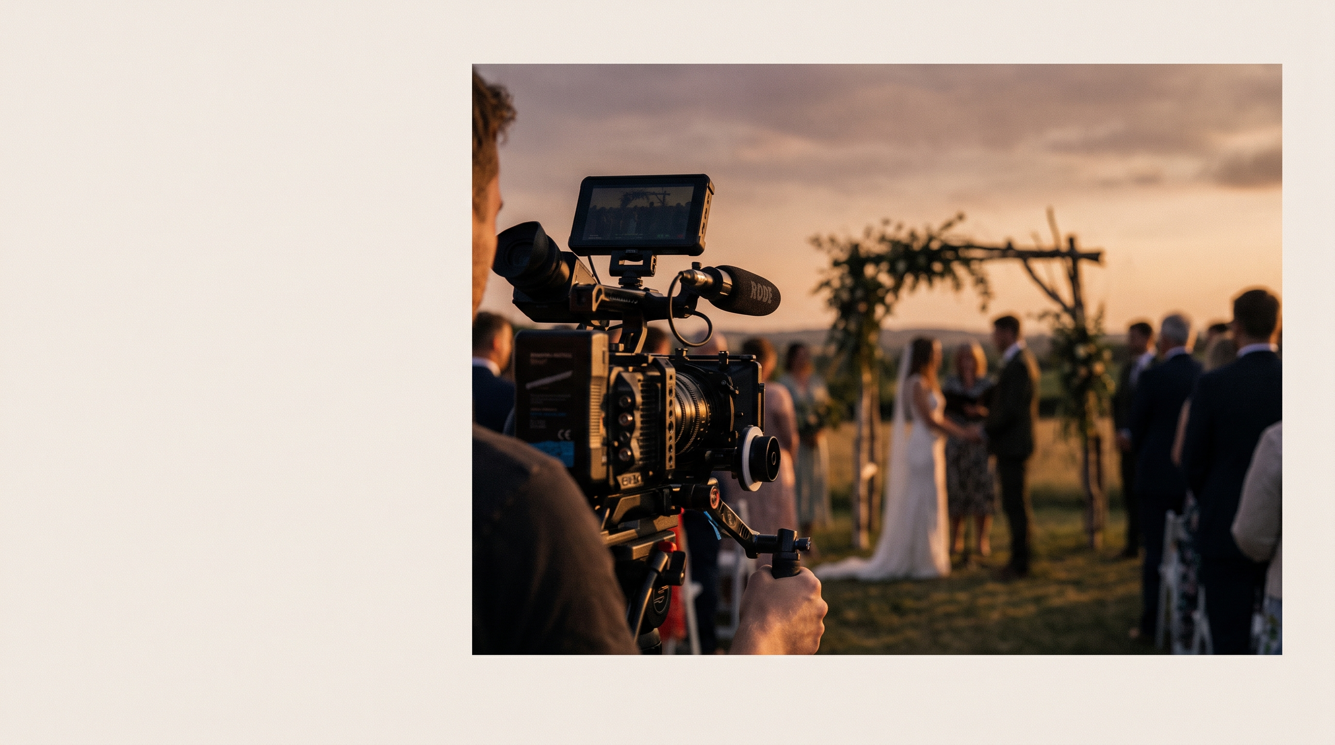 Wedding videographer filming an outdoor ceremony at golden hour