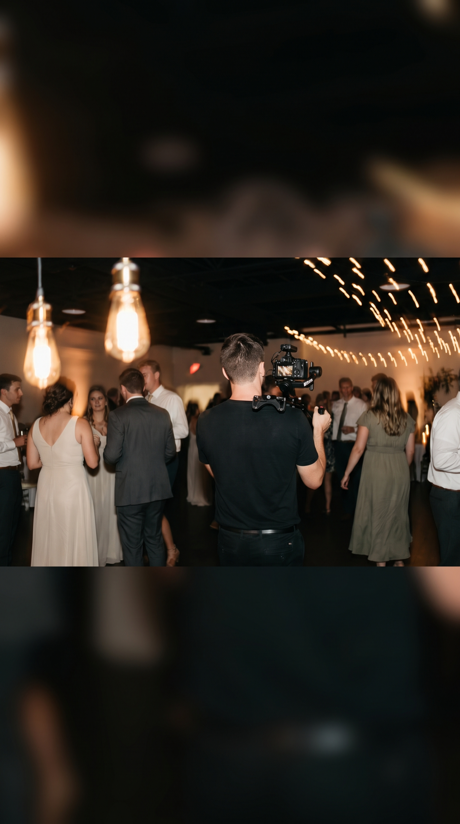 Wedding videographer moving through a reception venue